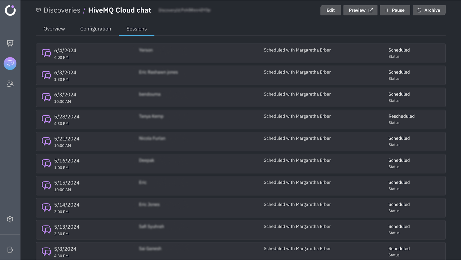 A screenshot from the Orbital User Interface showing when interviews have been scheduled with different members of the product trio.
