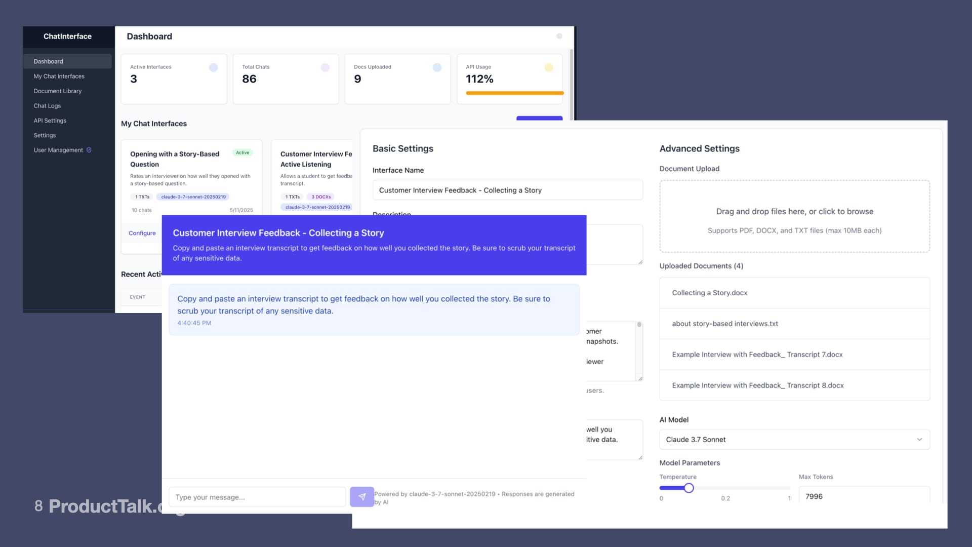 Several screenshots of my Replit app showing 1) the dashboard showing usage stats 2) the chat interface students used and 3) the chat configuration page.