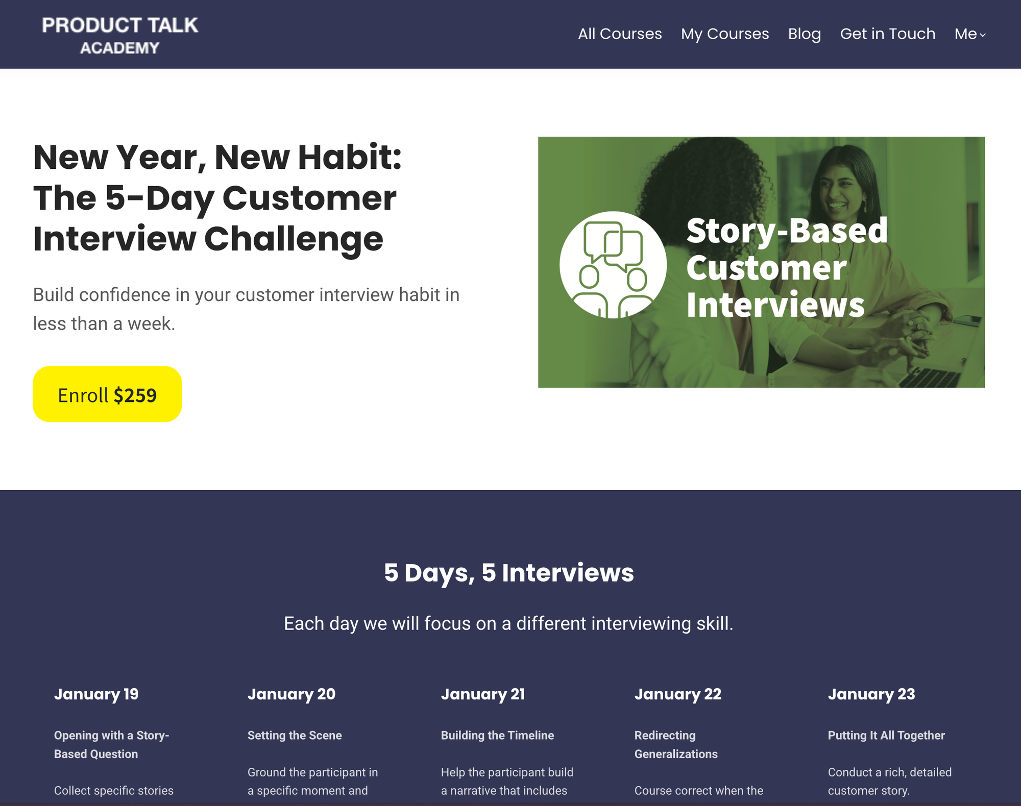 A screenshot of the 5-Day Customer Interview Challenge landing page.