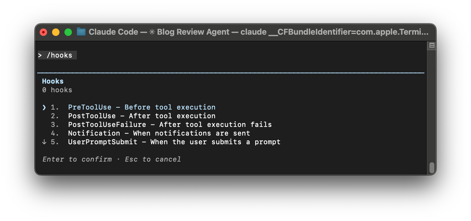 A screenshot showing the hooks interface. The user can select a hook by typing in a number 1-5.