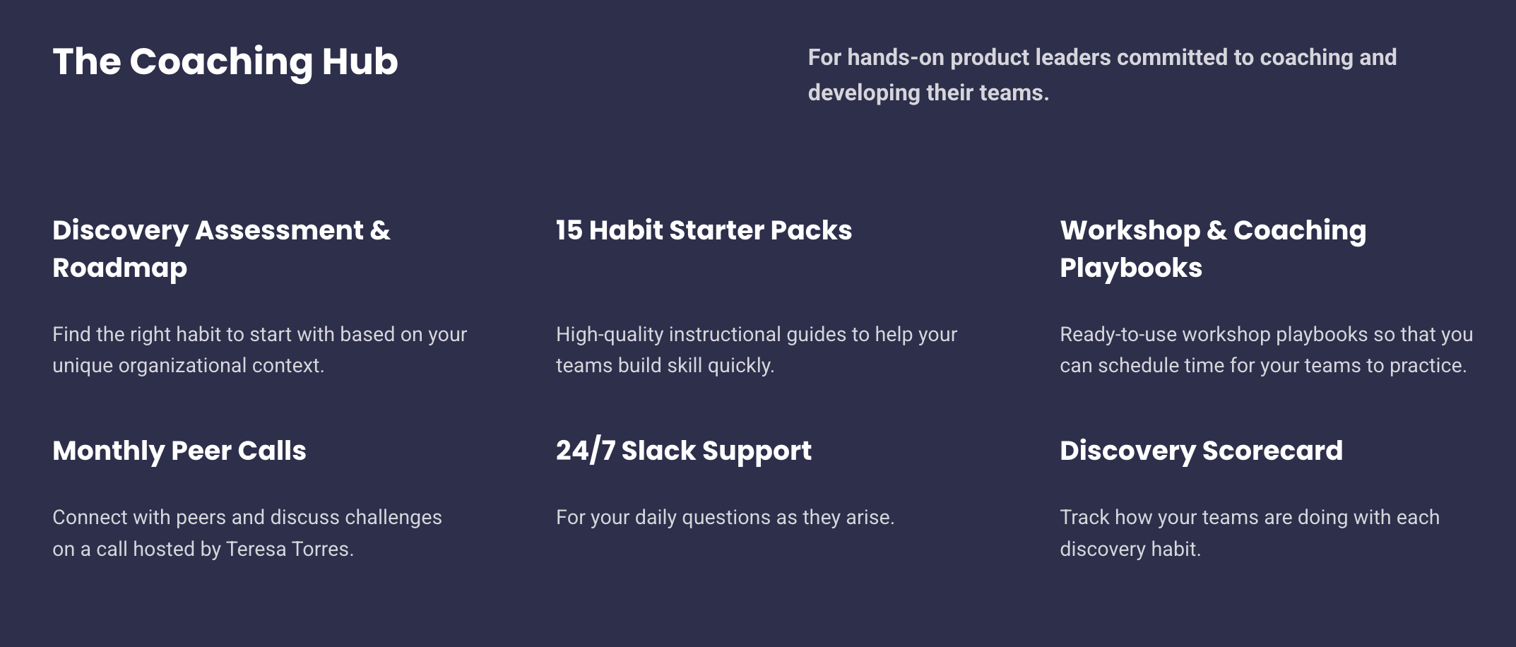 The Coaching Hub includes a Discovery Assessment and Roadmap, 15 Habit Starter Packs, Workshop and Coaching Playbooks, Monthly Peer Calls, 24/7 Slack Support, and a Discovery Scorecard