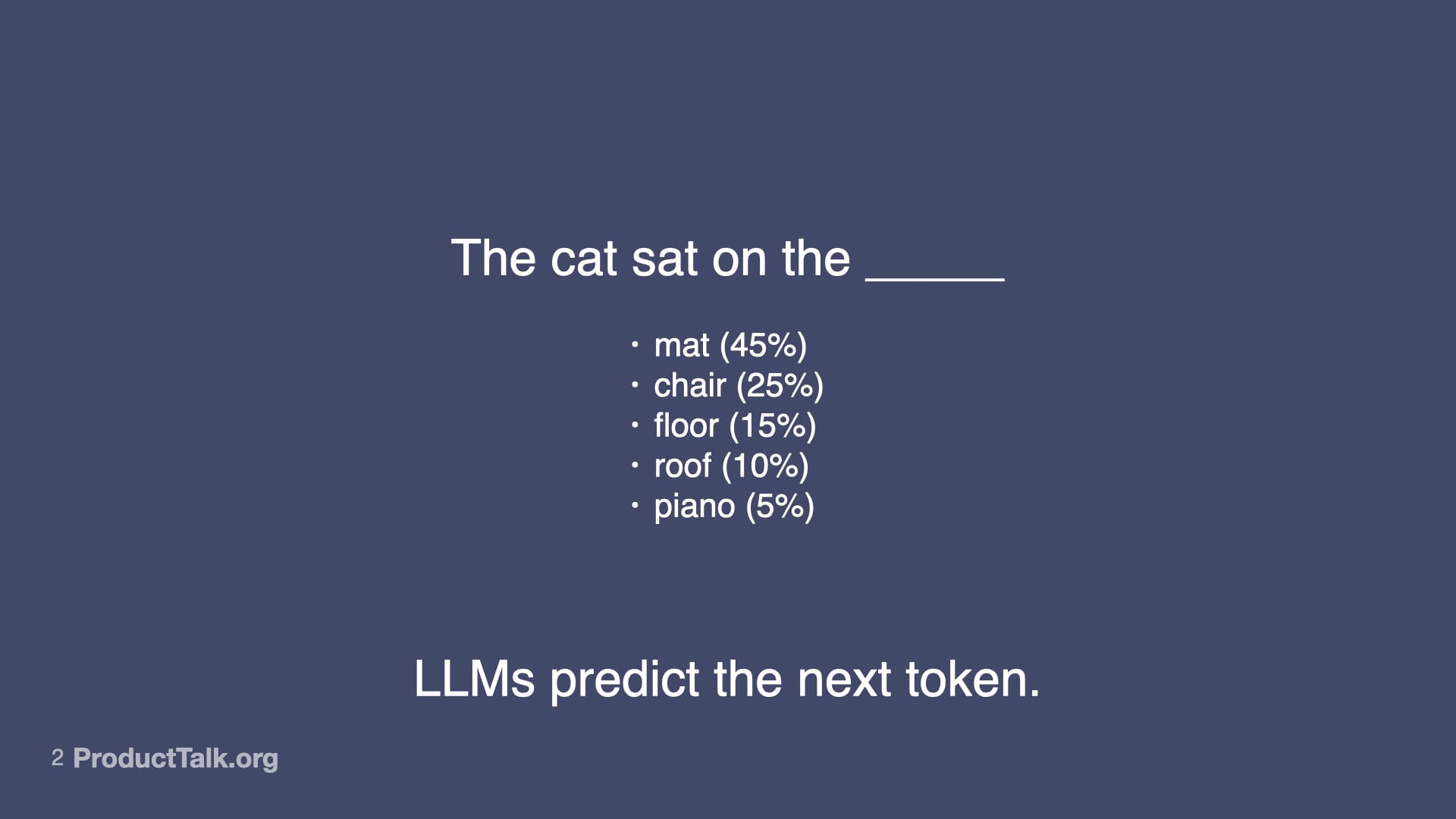 A slide that shows the sentence stem "The cat sat on the..." with some word probabilities and the claim: LLMs predict the next token.
