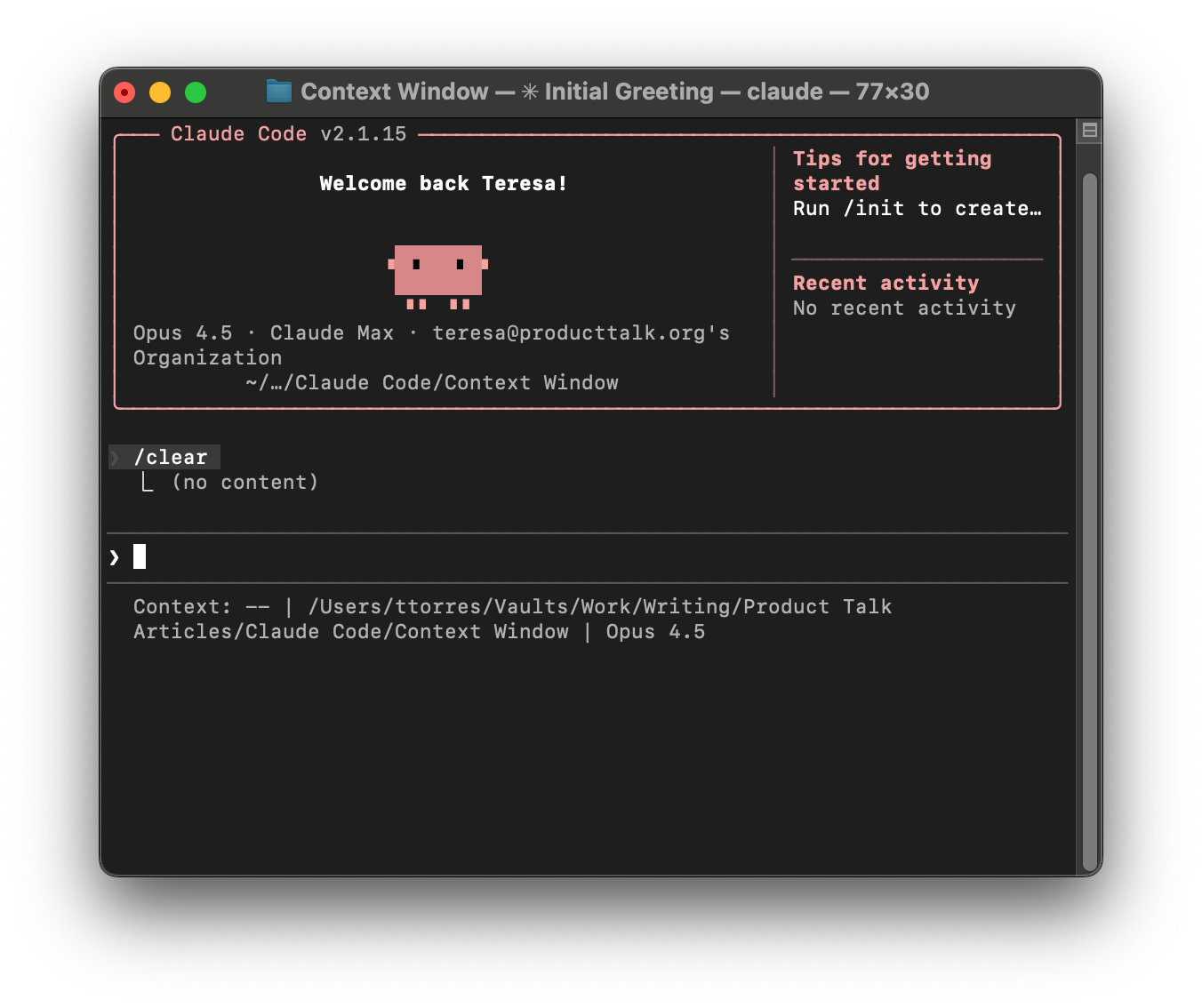 A screenshot of the clear command wiping out the context window.