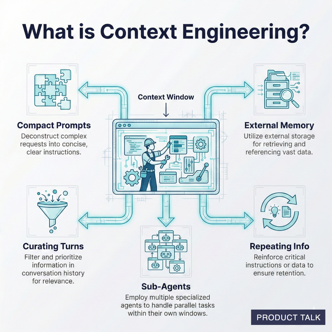 Diagram explaining context engineering components like prompts, memory, sub-agents, and context window.