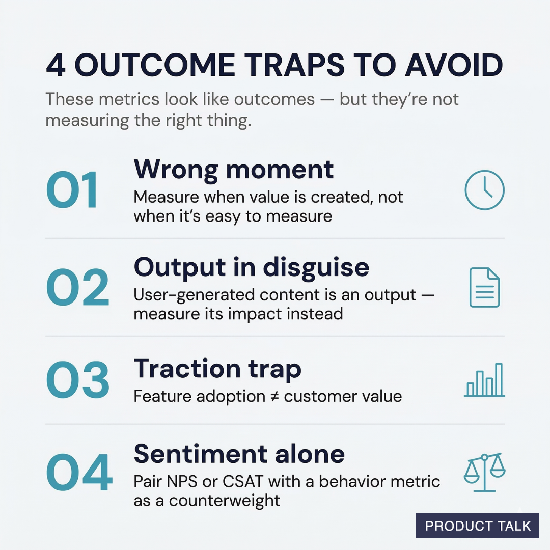 List of four outcome-measurement traps: wrong timing, outputs disguised as outcomes, the traction trap, and relying on sentiment metrics alone.