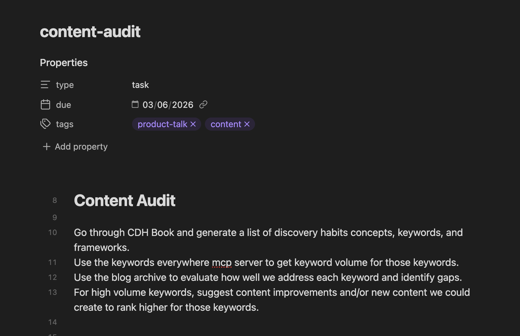 A screenshot of the task I created for my content audit.