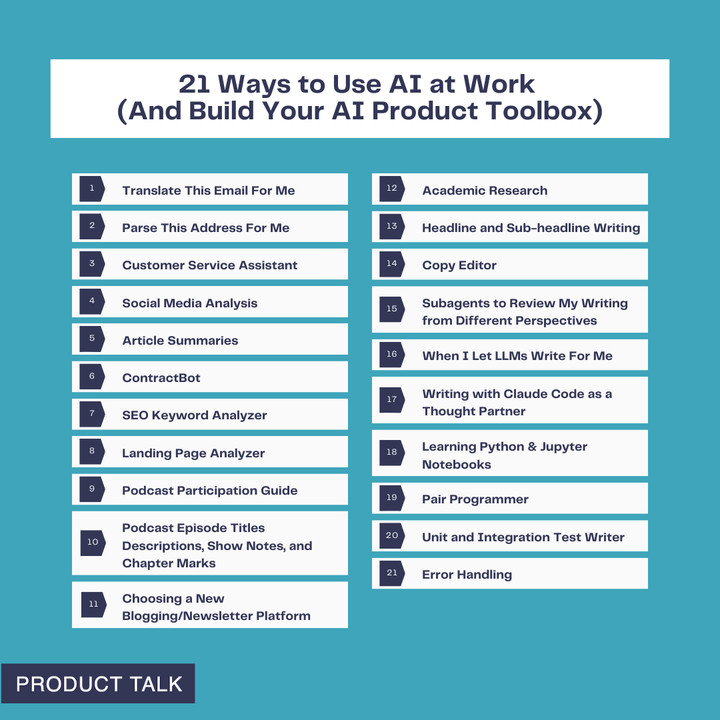 List of 21 ways to use AI at work, including tasks like translation, customer service, SEO analysis, copy editing, coding support, and error handling.