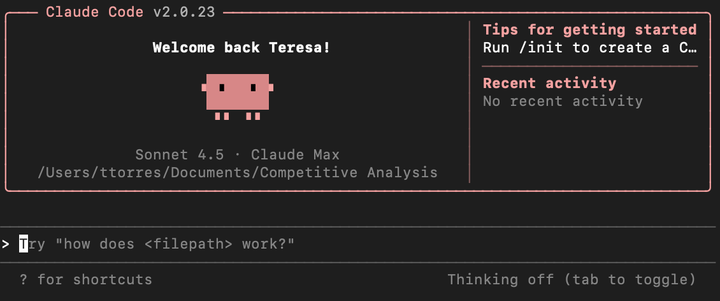 A screenshot of the opening Claude Code screen in the Mac Terminal app.