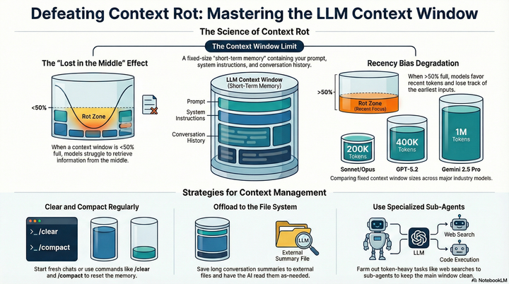 A visual overview of the entire article summarizing the research on context rot and how to mitigate it