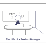 A product manager sits at a table with a laptop and a whiteboard behind her.