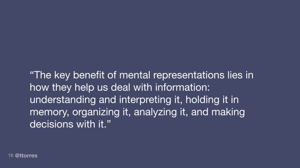 "The key benefit of mental representations lies in how they help us deal with information: understanding and interpreting it, holding it in memory, organizing it, analyzing it and making decisions with it."