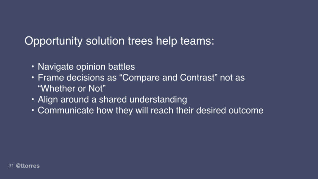 Opportunity solution trees help teams: navigate opinion battles, frame decisions a "Compare and Contrast" not as "Whether or Not", align around a shared understanding, and communicate how they will reach their desired outcome.
