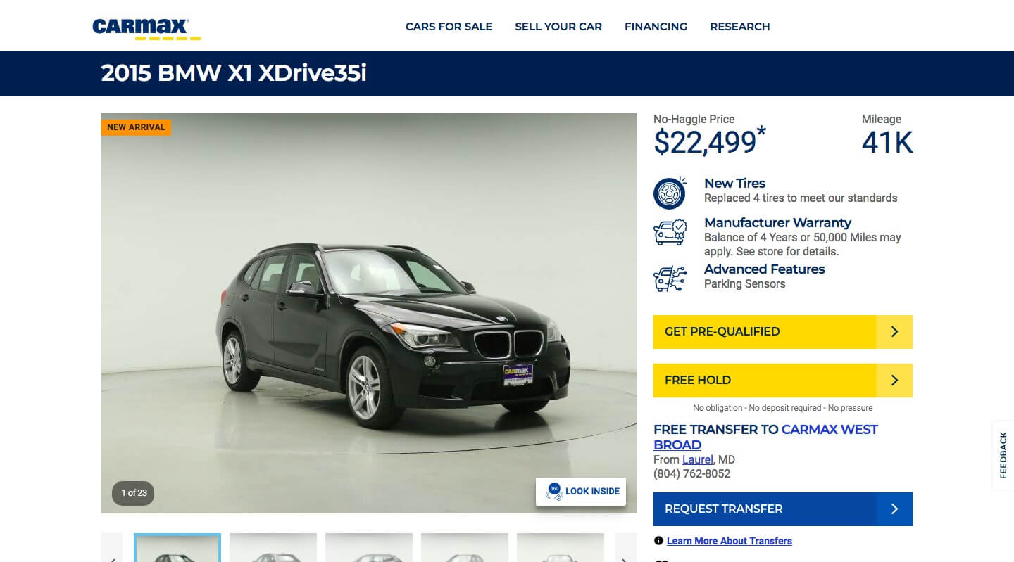 Screenshot of a car listing from the CarMax website