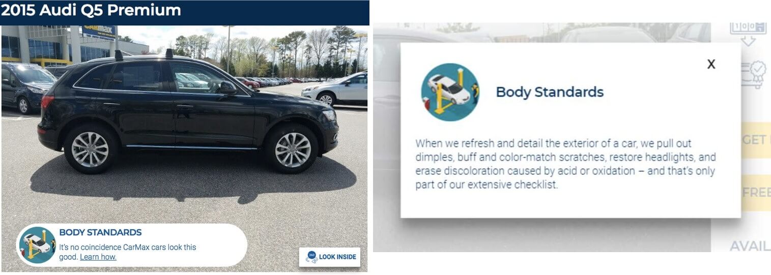 Screenshots of two versions of a CarMax page