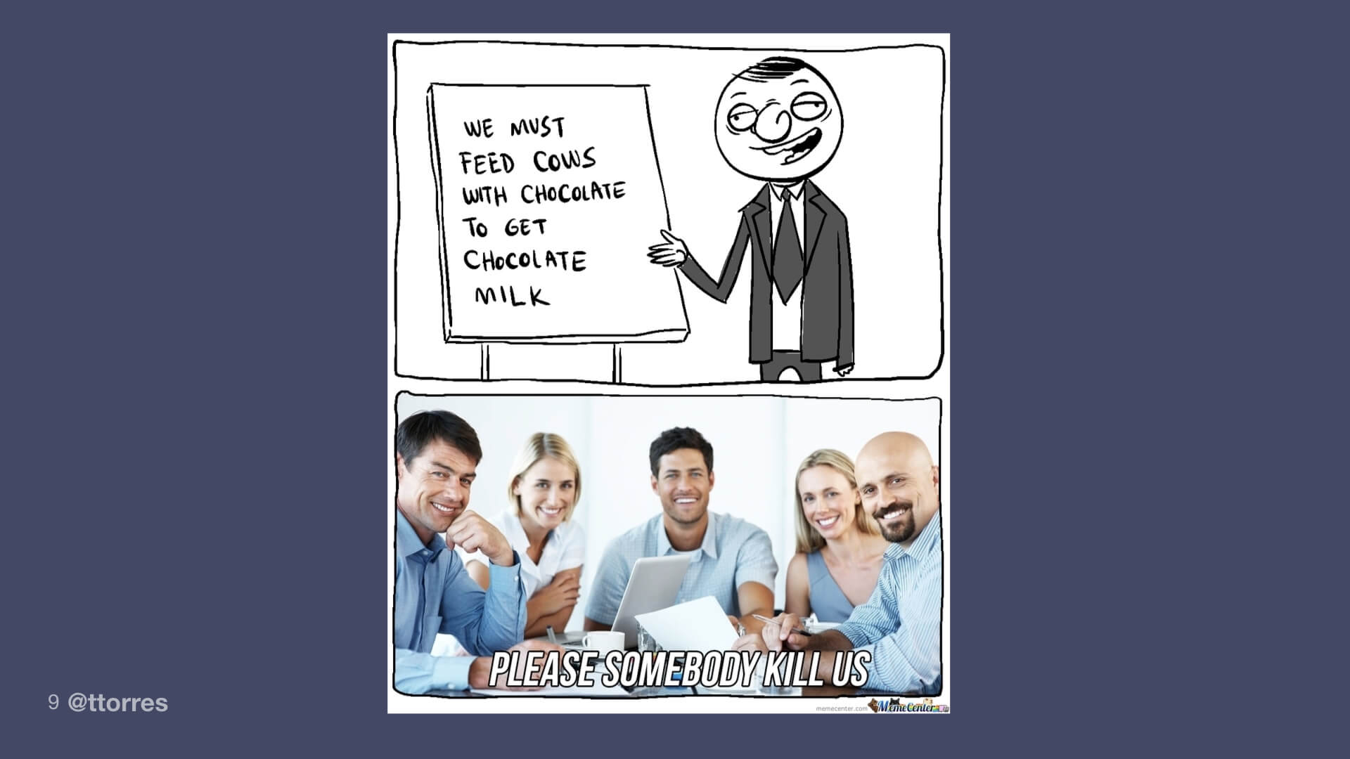 The top image is a cartoon of a man pointing at a sign that reads, "We must feed cows chocolate to get chocolate milk." Below the cartoon of the man is a photo of a group of people smiling with text that reads, "Please somebody kill us."