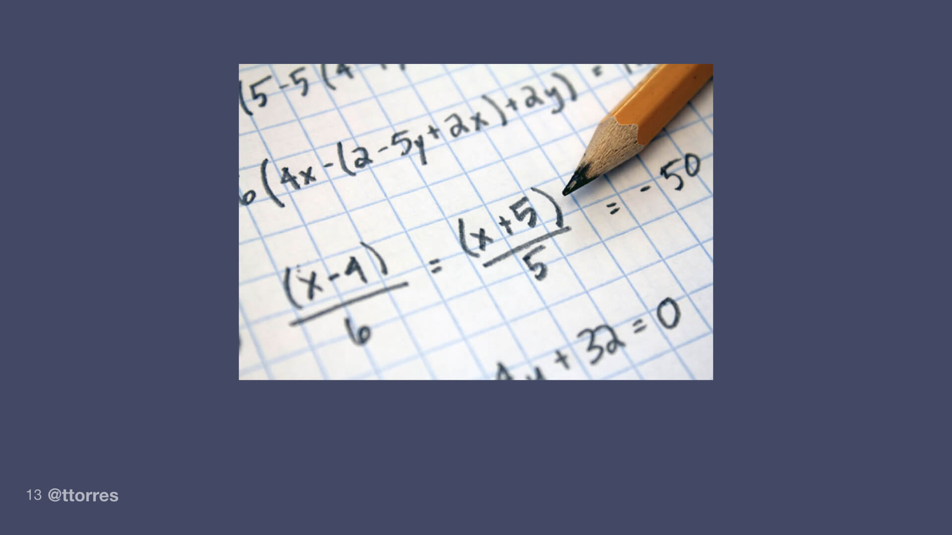 A handwritten algebra equation on a piece of graph paper.