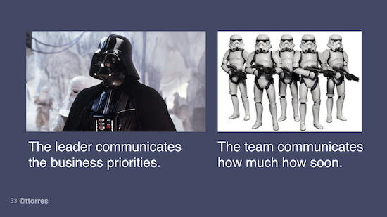 A photograph of Darth Vader with the caption "The leader communicates the business priorities." Next to that is a photograph of a group of storm troopers with the caption "The team communicates how much how soon."