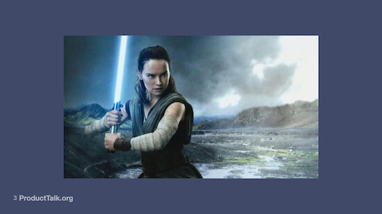 An image of Rey Skywalker, a female Jedi holding a lightsaber.