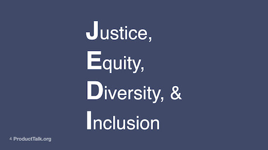 A slide with the acronym JEDI spelled out. J stands for Justice. E stands for Equity. D stands for Diversity. And I stands for Inclusion.