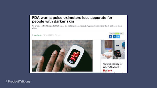 A screenshot of a news article titled "FDA warns pulse oximeters less accurate for people with darker skin."