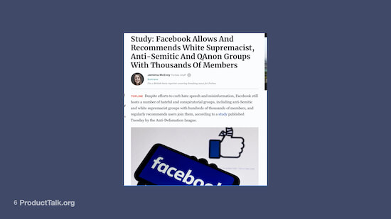 A screenshot of a news article titled "Study: Facebook Allows And Recommends White Supremacist, Anti-Semitic And QAnon Groups With Thousands of Members"
