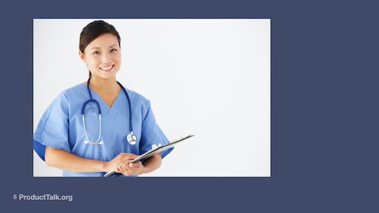  A photograph of a smiling woman dressed in a doctor's scrubs. She is wearing a stethoscope and carrying a clipboard.