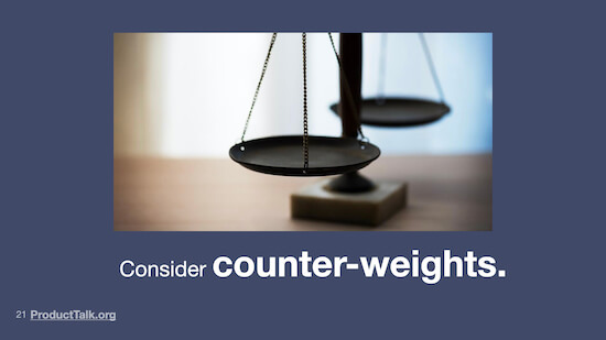 A photograph of a scale with two trays. The caption reads, "Consider counterweights."