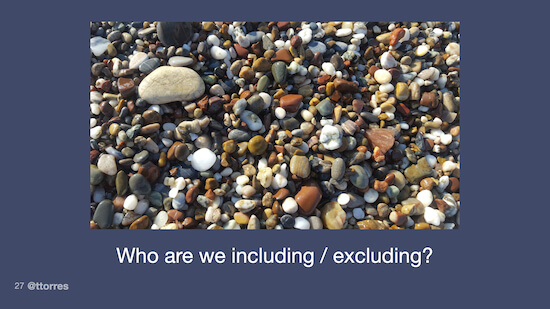 A photograph of different colored and shaped pebbles on a beach. The caption on the image reads, "Who are we including/excluding?"