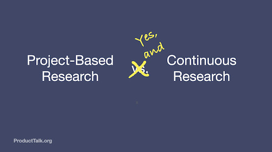  Text that reads "Project-Based Research vs. Continuous Research." The word "vs." has been crossed out and written over with the words "Yes, and" so the final version reads: "Project-Based Research Yes, and Continuous Research."