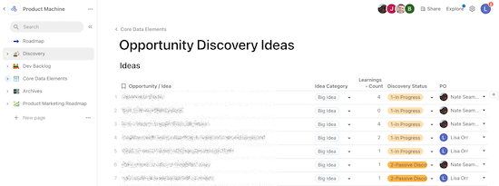 A screenshot of the Coda interface. There's a list labeled "Opportunity Discovery Ideas" and below it is a list of opportunities and ideas. Each idea has a category, discovery status, and PO listed.
