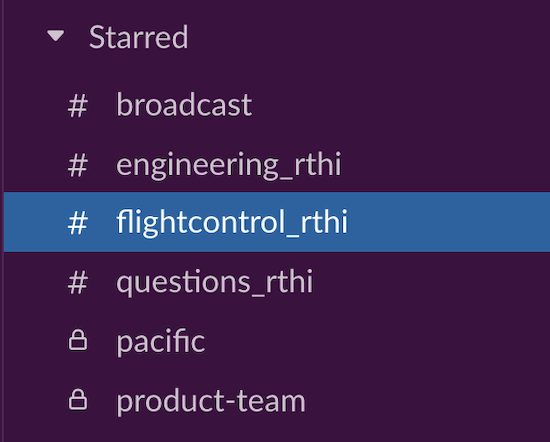 A screenshot of Slack, showing a list of the following channels: broadcast, engineering_rthi, flightcontrol_rthi, questions_rthi, pacific, and product-team.