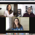 A screenshot from a video conference featuring three participants, Codi Funakoshi, Product Designer, Rafa Salazar, Lead Software Engineer, and Lisa Orr, Senior Product Manager.