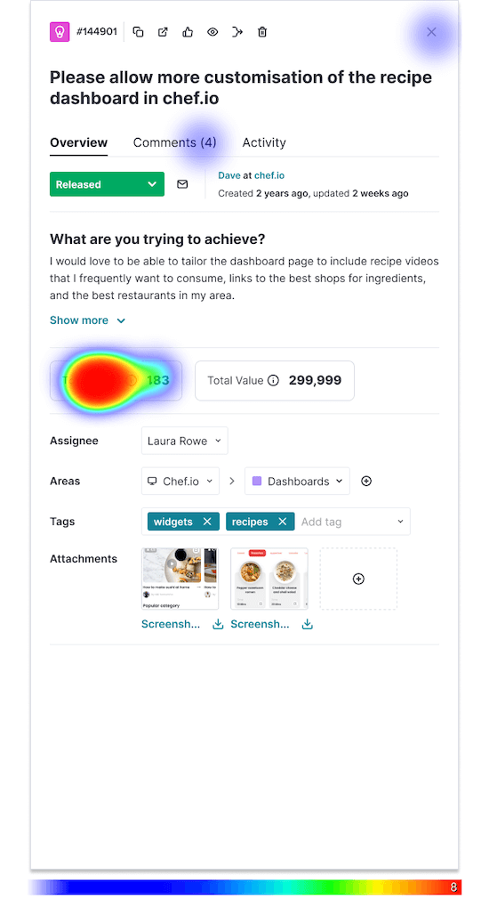 A screenshot of an unmoderated user test in Userlytics. There's a heat map that indicates which parts of the page are getting the most attention from viewers.