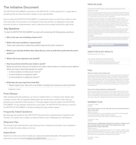 A screenshot of an initiative template. There are several prompts and empty spaces where the product team was supposed to answer questions like "Who is the user we're building this feature for?"