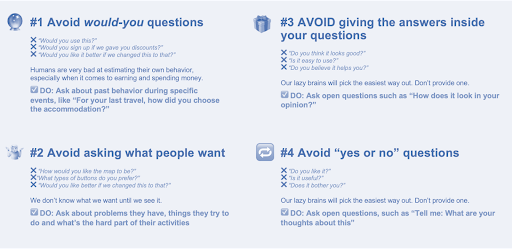 A list of guidelines for interviewers at trivago. There's a small icon of a crystal ball next to the text "#1: Avoid would-you questions," an icon of a person shrugging next to the text "#2: Avoid asking what people want," an icon of a present next to the text "#3: Avoid giving the answers inside your questions," and an icon of two curved arrows facing each other next to the text "#4: Avoid yes or no questions."