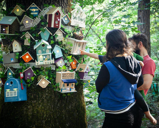 A photograph of a tree that's full of colorful bird houses that are lit up from the inside. A group of people are standing near the tree and a child is reaching out their hand to press a button on one of the bird houses.