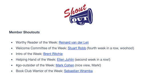 A screenshot from a CDH Community Update email. In the "Member Shoutouts" section, Ellen's name is listed as "Helping Hand of the Week for the second week in a row."
