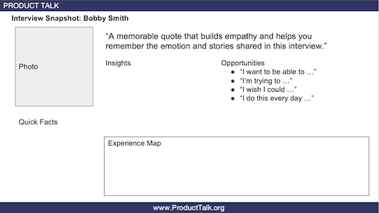 A one-page template that includes a photo, a memorable quote, quick facts, an experience map, insights, and opportunities.