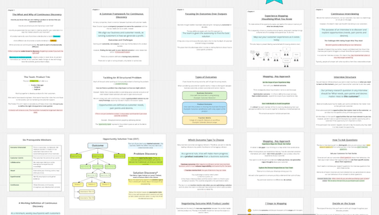 A screenshot of a Miro board with notes, highlights, and diagrams based on the content of Continuous Discovery Habits.