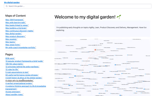 A screenshot of Sebastian's digital garden. There are "Maps of Content" on the left and a visual map of topics on the right.