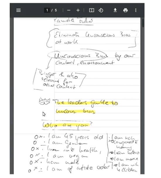 A screenshot of Sebastian's notes on the ReMarkable. They are handwritten but preserved as a digital file with yellow highlights on some phrases.