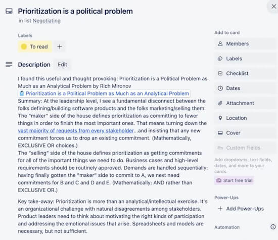 A screenshot of a Trello card labeled "Prioritization is a political problem." It contains a link to an article along with an introduction and key takeaway written by Christian.