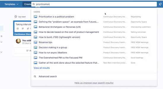 A screenshot of Trello. There's a search bar at the top with the word "prioritization" and a list of cards below it.