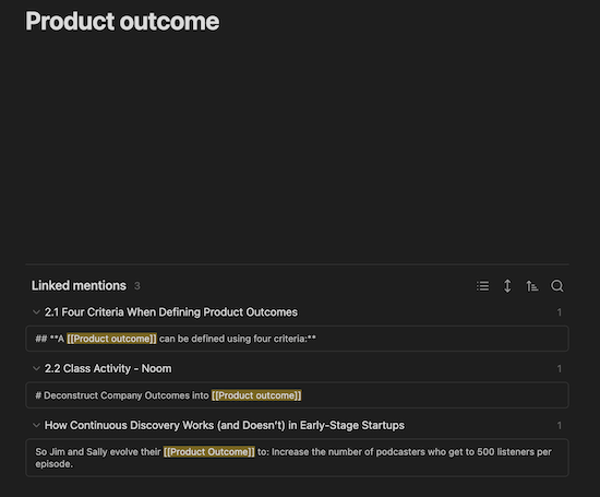 A screenshot of the results of a "backlinks in document" search for the term "Product outcome."