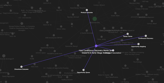 A screenshot of the Obsidian knowledge graph, which is a collection of phrases connected by lines and nodes of different sizes.