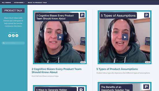 A screenshot of the Product Talk video library page featuring a few still shots of Teresa from the videos.
