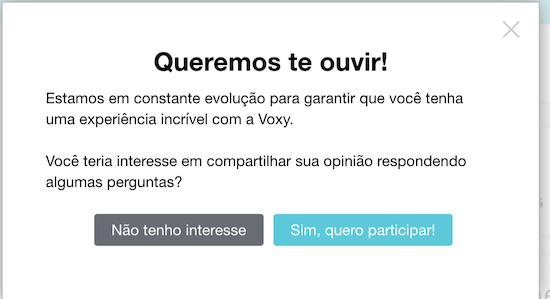 A screenshot of a Pendo guide inviting Voxy users to participate in an interview with the product team.