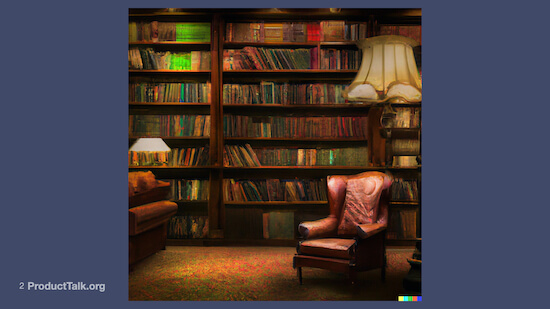 A photograph of a home library with a leather chair and many books on shelves.