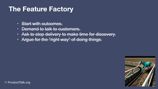 A list of actions like "start with outcomes" and "demand to talk to customers" that have been crossed out.