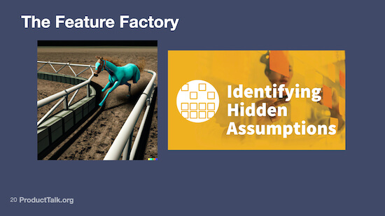 An image of a horse running around a track next to an image of a woman with sticky notes labeled "Identifying Hidden Assumptions."